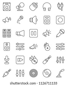 thin line vector icon set - disk vector, music hit, microphone, speaker, loudspeaker, settings, headphones, pause button, forward, rec, rca, jack, equalizer