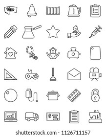 thin line vector icon set - plunger vector, house hold, pan, kettle, cutting board, turk coffee, pencil, corner ruler, bell, clipboard, laptop graph, investment, check, fitball, sea container, mail