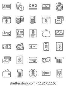 thin line vector icon set - credit card vector, cash, coin stack, check, receipt, dollar calendar, money, wallet, reader, tap pay