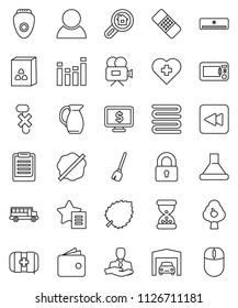 thin line vector icon set - broom vector, splotch, towel, jug, cereal, clipboard, school bus, leaf, wallet, monitor dollar, heart cross, first aid kit, client, no hook, equalizer, video camera, lock