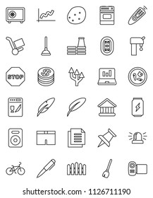 thin line vector icon set - plunger vector, broom, oven, potato, pen, university, graph, laptop, safe, bike, shorts, enegry drink, stadium, document, remote control, speaker, thumbtack, microbs