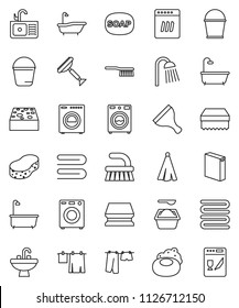 thin line vector icon set - soap vector, scraper, fetlock, bucket, sponge, towel, bath, drying clothes, washer, washing powder, shower, sink, dishwasher