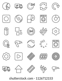 thin line vector icon set - toilet paper vector, plates, pie graph, arrow up, oxygen, disk, play button, rec, pills blister, gear, refresh, redo, loading, route, relocation truck, 24 hour, washer