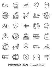 thin line vector icon set - camping cauldron vector, backpack, compass, school bus, world, bike, signpost, navigator, earth, map pin, Railway carriage, plane, ship, route, globe, mountain