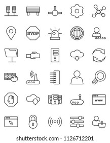 thin line vector icon set - world vector, connect, network, server, folder, cloud shield, browser, gear, equalizer, firewall, hub, router, lan connector, bench, refresh, download, lock, user, login