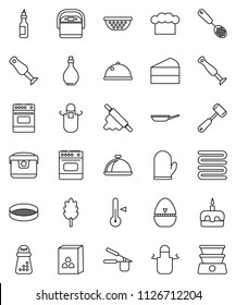 thin line vector icon set - pan vector, oil, colander, cook hat, apron, glove, towel, timer, press, skimmer, rolling pin, meat hammer, hand mill, oven, blender, thermometer, sieve, dish, cereal