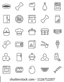 thin line vector icon set - plates vector, pan, oil, colander, scales, cook hat, timer, press, mixer, toaster, oven, double boiler, bbq, sieve, cereal, egg, pills vial, no fastfood, bone, broken