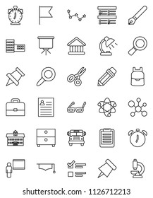 thin line vector icon set - graduate hat vector, pen, university, pencil, school building, blackboard, glasses, case, backpack, atom, table lamp, alarm clock, clipboard, paper pin, scissors, bus