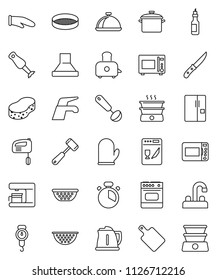 thin line vector icon set - water tap vector, sponge, pan, kettle, colander, scales, cook glove, timer, ladle, knife, meat hammer, cutting board, toaster, microwave oven, blender, sieve, dish, oil