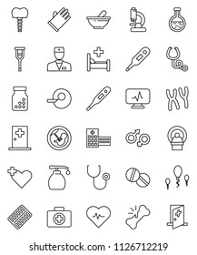 thin line vector icon set - liquid soap vector, rubber glove, heart pulse, first aid kit, cross, doctor, thermometer, flask, gender sign, pregnancy, insemination, crutches, broken bone, stethoscope