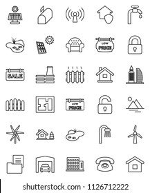 thin line vector icon set - house vector, chalet, pond, solar panel, windmill, water supply, mountain, garage, fence, plan, estate document, sale signboard, low price, apartments, office building