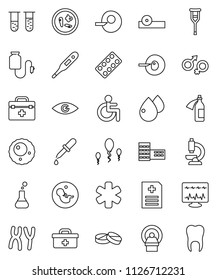thin line vector icon set - school building vector, doctor bag, ambulance star, disabled, thermometer, flask, vial, eye, gender sign, pregnancy, insemination, dropper, crutches, pills, blister, hat