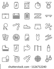 thin line vector icon set - measuring vector, stopwatch, clipboard, pills vial, jump rope, hand trainer, horizontal bar, muscule, snickers, shorts, swimsuite, roller Skates, skateboard, target