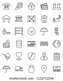 thin line vector icon set - signpost vector, navigator, earth, map pin, office, money, phone 24, client, delivery, calendar, port, wood box, clipboard, glass, cargo, umbrella, top sign, no hook