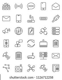 thin line vector icon set - clipboard vector, satellite, radio, satellitie, loudspeaker, internet, mobile phone, speaking man, mail, hdmi, network, server, big data, firewall, router, lan connector