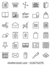thin line vector icon set - cleaner trolley vector, toilet paper, book, pen, schedule, document, constellation, exam, cash, receipt, binder, clipboard, fitness mat, newspaper, thumbtack, mail, plan
