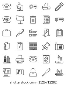 thin line vector icon set - trash bin vector, shining window, pencil, student, case, pen, clipboard, exam, binder, phone, receipt, classic, thumbtack, medical room, network folder, router, user