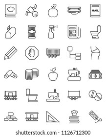 thin line vector icon set - toilet vector, sprayer, plates, cookbook, pasta, pencil, corner ruler, apple fruit, coin stack, hierarchy, stadium, buttocks, Railway carriage, satellite, truck trailer