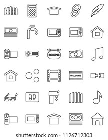 thin line vector icon set - welcome mat vector, microwave oven, pen, glasses, music, cash, calculator, money, dry cargo, film frame, link, share, connection, water supply, fence, rooms signboard