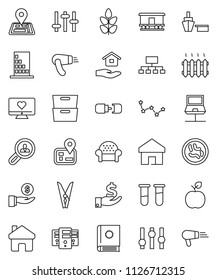 thin line vector icon set - clothespin vector, house hold, apple fruit, archive, constellation, investment, hierarchy, cereals, heart monitor, navigator, port, Railway carriage, settings, vial, home