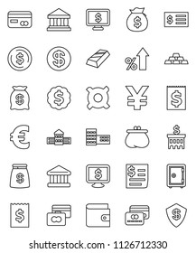 thin line vector icon set - school building vector, bank, dollar coin, gold ingot, credit card, wallet, percent growth, money bag, receipt, medal, safe, monitor, any currency, euro sign, yen, shield