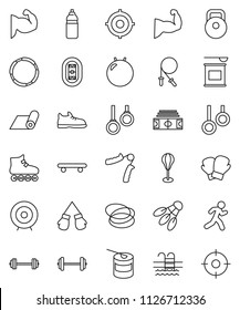 thin line vector icon set - target vector, barbell, stadium, weight, jump rope, hand trainer, punching bag, fitball, muscule, snickers, boxing glove, roller Skates, skateboard, sports nutrition, run