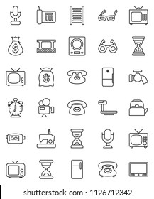 thin line vector icon set - water tap vector, washboard, kettle, glasses, alarm clock, money bag, sand, phone, big scales, film frame, tv, video camera, microphone, classic, fridge, kitchen