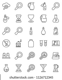 thin line vector icon set - shining window vector, oil, hand mill, spices, jug, jar, magnifier, flask, no alcohol sign, glass, vial, sand clock, potion, cloud, search estate, client, coffee maker