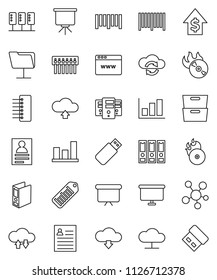 thin line vector icon set - presentation vector, archive, personal information, graph, dollar growth, binder, board, barcode, music hit, social media, server, network folder, cloud, exchange, hub