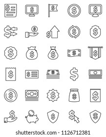 thin line vector icon set - exchange vector, dollar coin, cash, money bag, piggy bank, investment, growth, receipt, medal, flag, shield, monitor, cursor, sign