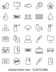 thin line vector icon set - water drop vector, welcome mat, sprayer, percent growth, consolidated cargo, top sign, classic phone, magnifier, dropper, counter, network folder, lan connector, bench