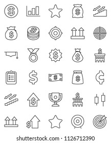 thin line vector icon set - graduate hat vector, clipboard, award cup, graph, japanese candle, money bag, dollar growth, bank building, target, medal, cent sign, stairways run, top, favorites, coin