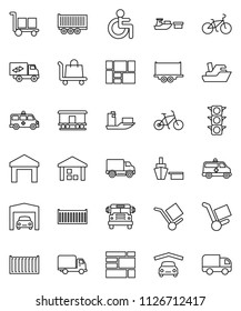 thin line vector icon set - school bus vector, bike, traffic light, ship, truck trailer, sea container, delivery, port, consolidated cargo, warehouse, Railway carriage, disabled, amkbulance car