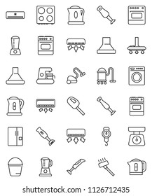 thin line vector icon set - vacuum cleaner vector, bucket, kettle, scales, oven, blender, air conditioner, fridge, washer, coffee maker, hood