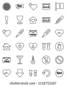 thin line vector icon set - sieve vector, arrow down, heart pulse, prohibition sign, no alcohol, cross, attention, glass, thermometer, vial, undo, stop, sale signboard, low price, love home, new