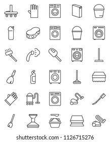 thin line vector icon set - broom vector, vacuum cleaner, mop, bucket, sponge, car fetlock, steaming, washer, washing powder, cleaning agent, rubber glove