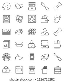 thin line vector icon set - spatula vector, toaster, oven, double boiler, plates, cereal, pasta, potato, steak, chicken leg, breads, no fastfood, bone