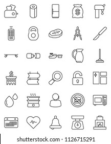thin line vector icon set - mop vector, window cleaning, toilet paper, scales, microwave oven, jug, steak, drawing compass, bell, magnifier, bank building, heart pulse, weight, skateboard, support