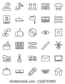 thin line vector icon set - vacuum cleaner vector, water tap, colander, cook hat, mixer, pencil, student, laptop graph, cash, annual report, binder, any currency, measuring, snickers, heart monitor