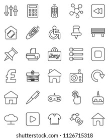 thin line vector icon set - cake vector, university, pen, pound, radio, satellitie, settings, remote control, touchscreen, social media, thumbtack, play button, stop, backward, disabled, menu, home