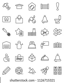thin line vector icon set - welcome mat vector, toilet, kettle, apron, skimmer, dish, pencil, blackboard, bell, exchange, shuttlecock, attention, satellite, wood box, dry cargo, package, film spool