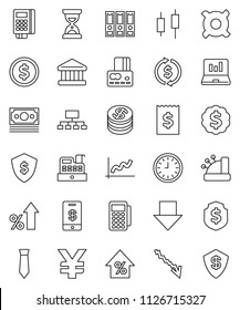 thin line vector icon set - bank vector, exchange, dollar coin, graph, japanese candle, laptop, credit card, crisis, percent growth, receipt, clock, binder, sand, arrow down, medal, tie, shield