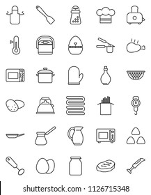 thin line vector icon set - pan vector, kettle, oil, colander, scales, cook hat, apron, glove, towel, timer, press, whisk, spatula, hand mill, turk coffee, toaster, microwave oven, thermometer, jug