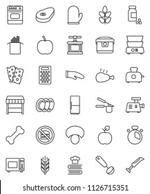 thin line vector icon set - plates vector, cook glove, timer, press, ladle, grater, microwave oven, double boiler, cookbook, pasta, mushroom, steak, chicken leg, apple fruit, diet, pills vial, bone