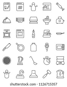 thin line vector icon set - sponge vector, plates, sink, water tap, pan, scales, apron, cook timer, press, ladle, knife, meat hammer, double boiler, sieve, dish, jar, oil, dishwasher, coffee maker