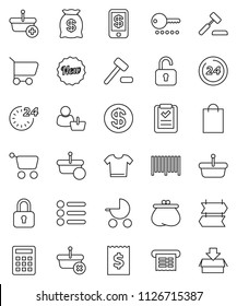 thin line vector icon set - receipt vector, dollar coin, wallet, money bag, new, 24 hour, shopping, customer, barcode, basket, cart, list, calculator, auction, lock, unlock, tap pay, baby stroller
