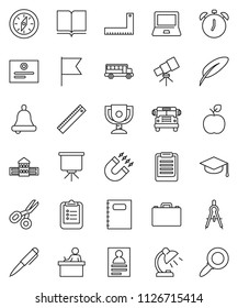 thin line vector icon set - book vector, copybook, graduate hat, pen, school building, corner ruler, drawing compass, student, case, apple fruit, telescope, bell, table lamp, notebook pc, clipboard