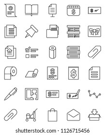 thin line vector icon set - cleaner trolley vector, toilet paper, book, pen, pin, certificate, document, constellation, exam, check, dollar calendar, fitness mat, receipt, mail, network, attachment