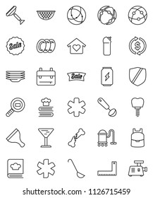 thin line vector icon set - scraper vector, vacuum cleaner, cleaning agent, plates, colander, ladle, cookbook, corner ruler, backpack, exchange, enegry drink, glass, protected, cargo search, sale