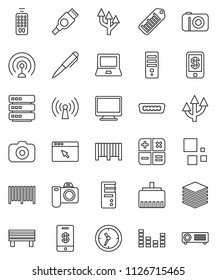 thin line vector icon set - pen vector, notebook pc, clock, barcode, camera, antenna, equalizer, remote control, hdmi, big data, browser, lan connector, bench, loading, route arrow, wireless